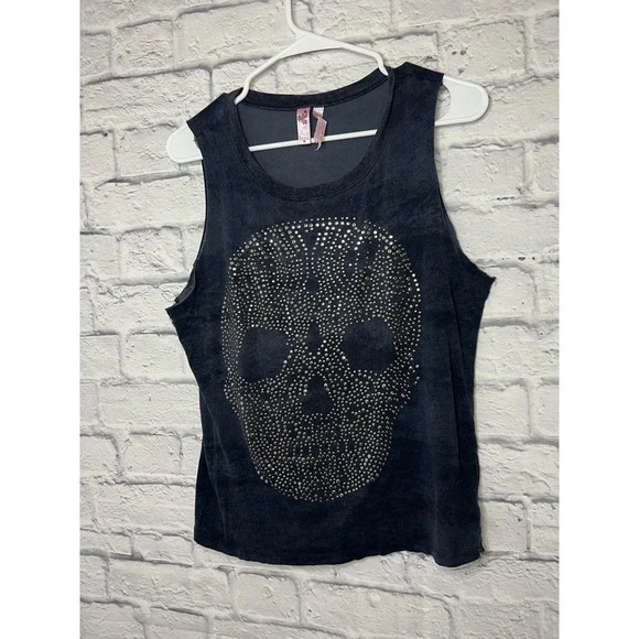 Dolled Up by FANG Womens Sleeveless Studded Skull Tank (M) NAVY - Picture 3 of 8